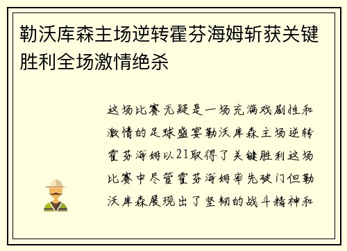 勒沃库森主场逆转霍芬海姆斩获关键胜利全场激情绝杀